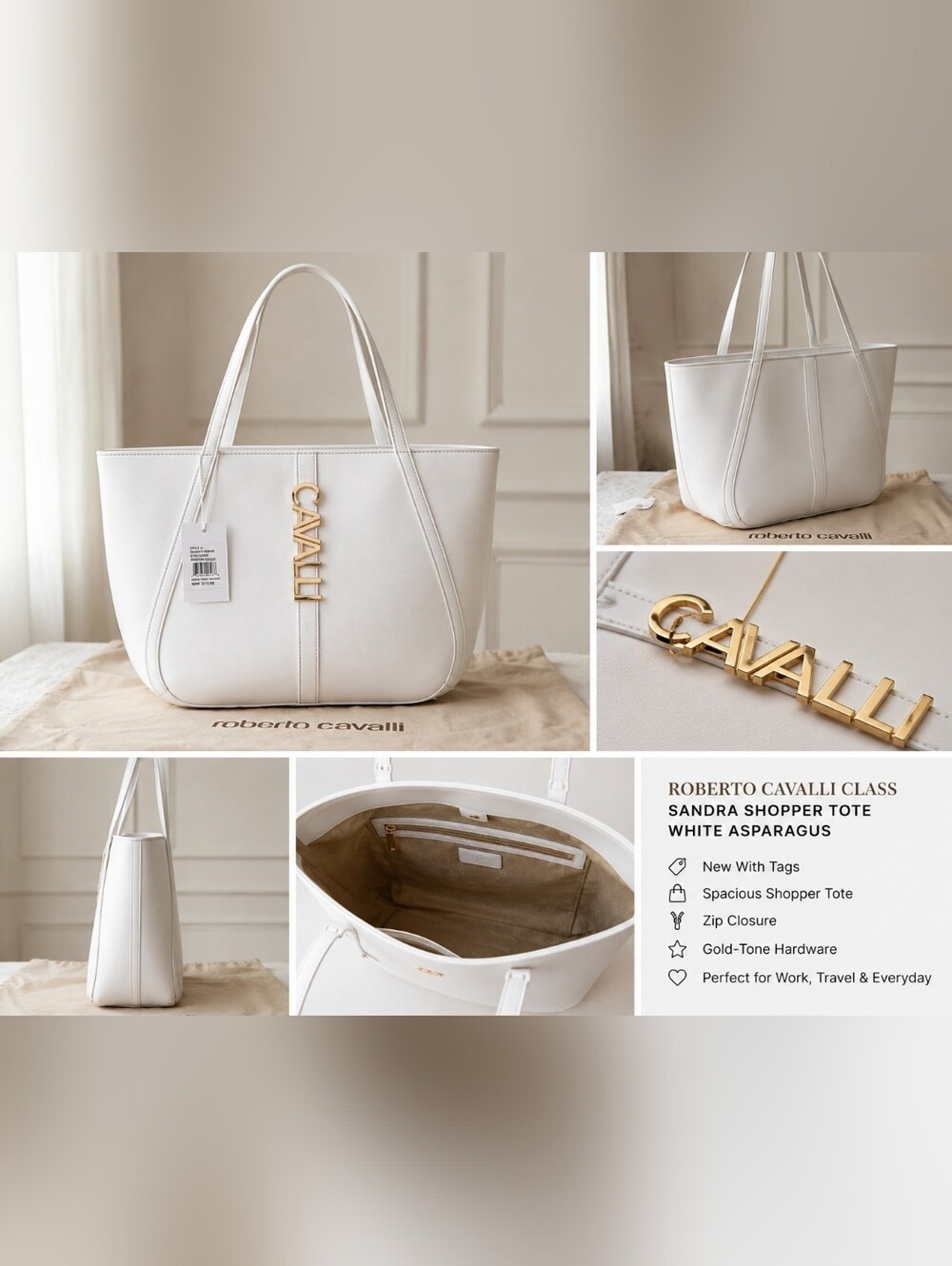 ✨️✨️NWT Roberto Cavalli Class Sandra Shopper Tote Bag White Gold Logo Large
